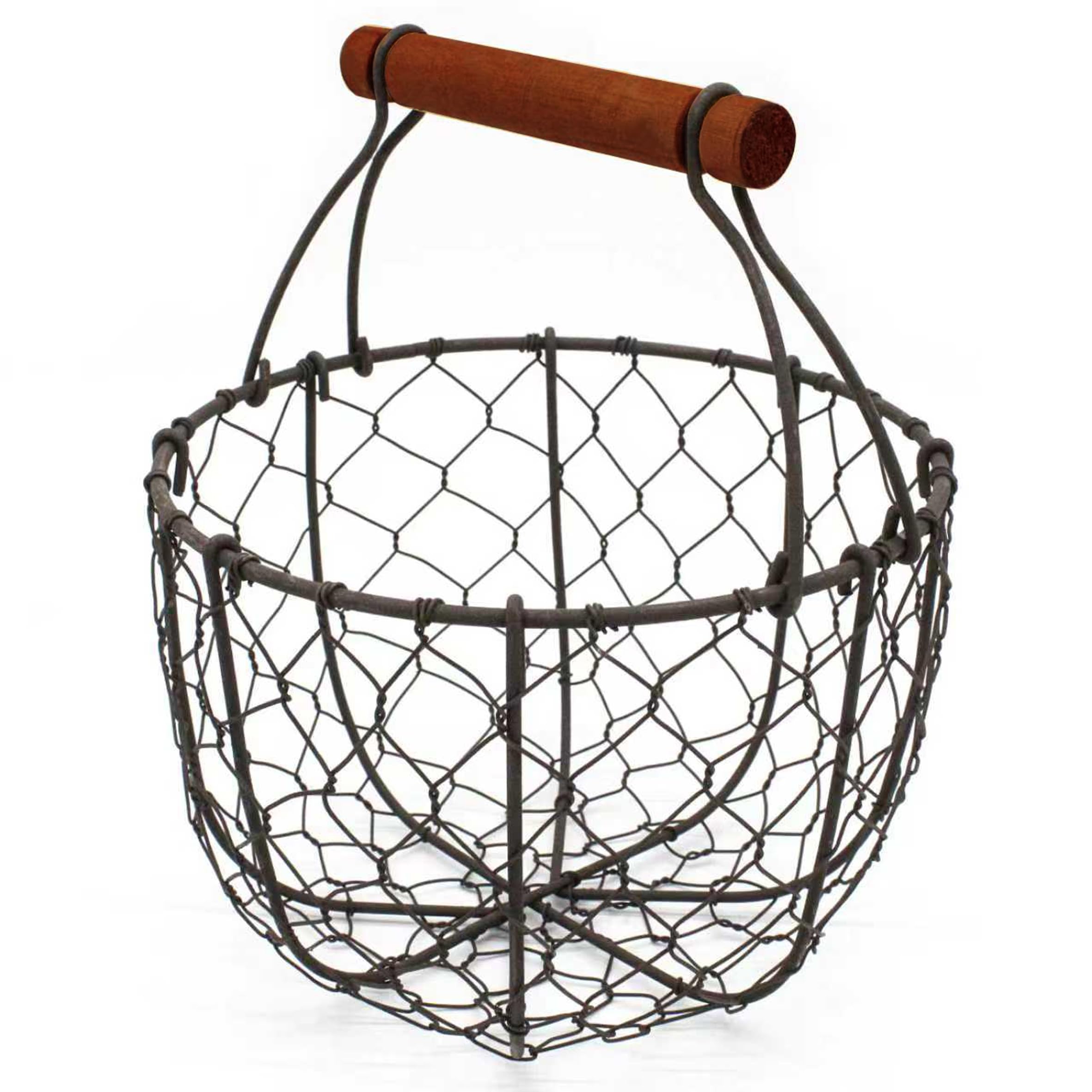 CVHOMEDECO. Chicken Wire Egg Basket Fruit Basket with Wooden Handle Primitives Vintage Gathering Basket. Rusty (Round)