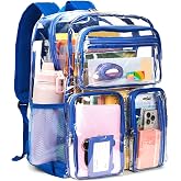 Vorspack Clear Backpack for School, Extra Large Bookbag for Boys, Blue | Heavy Duty Transparent Backpacks, 9 Pockets, Reinforced Straps, Padded Bottom, Fit 16'' Laptop, Clear Bag for Work Travel