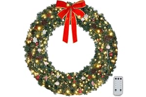 VINGLI 48 Inch Pre-lit Artificial Christmas Wreath, Ourdoor Christmas Wreath Decorations with 150 LED Lights and 450 PVC Branch Tips for Garage, Xmas Door Wreath w/Bow, Pine Cones, Ornaments, Plug-in