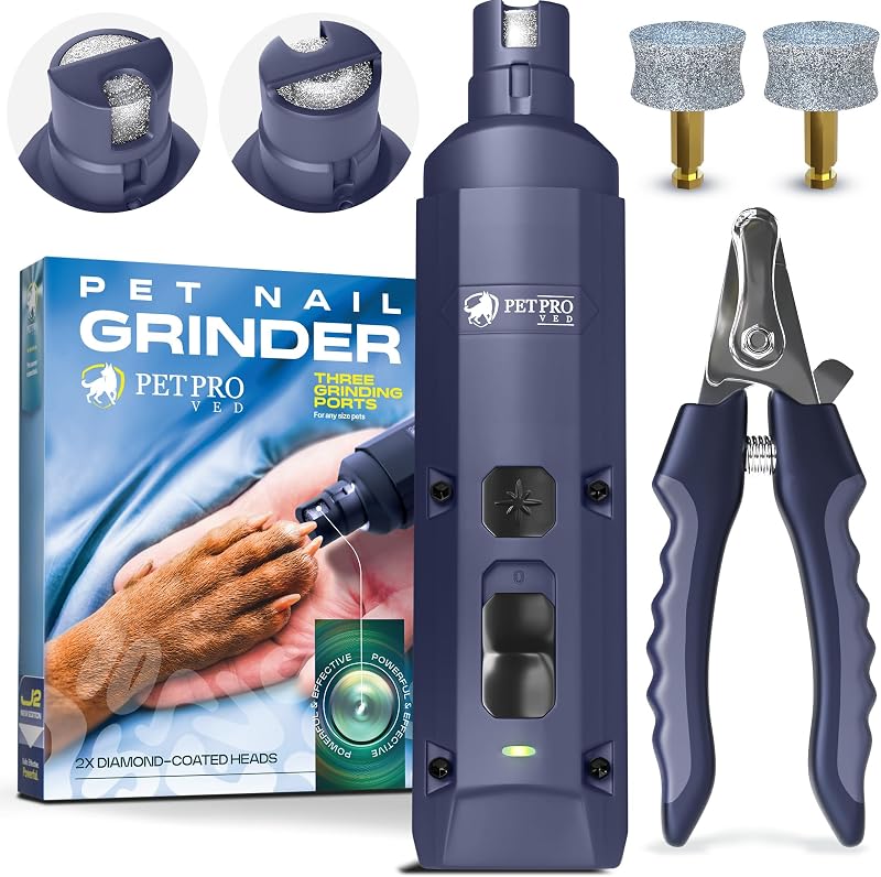 PETPROVED Dog Nail Grinder Silent Electric Nail Trimmer with 2 Heads 3 Ports