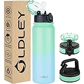 Oldley Insulated Water Bottle 20oz Water Bottles with Straw, Stainless Steel Water Bottle with 3 Lids, Double Wall Vacuum Bottles for Adult Kids, Sports Bottles for School Travel, Leaf Green-Blue
