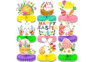 AVIKOSI 9 Pieces Easter Honeycomb Centerpieces Table Decor, Cute Bunny Chick and Eggs Happy Easter Spring Festive Pattern Table Topper Ornaments Signs, Holiday Easter Day Party Decorations