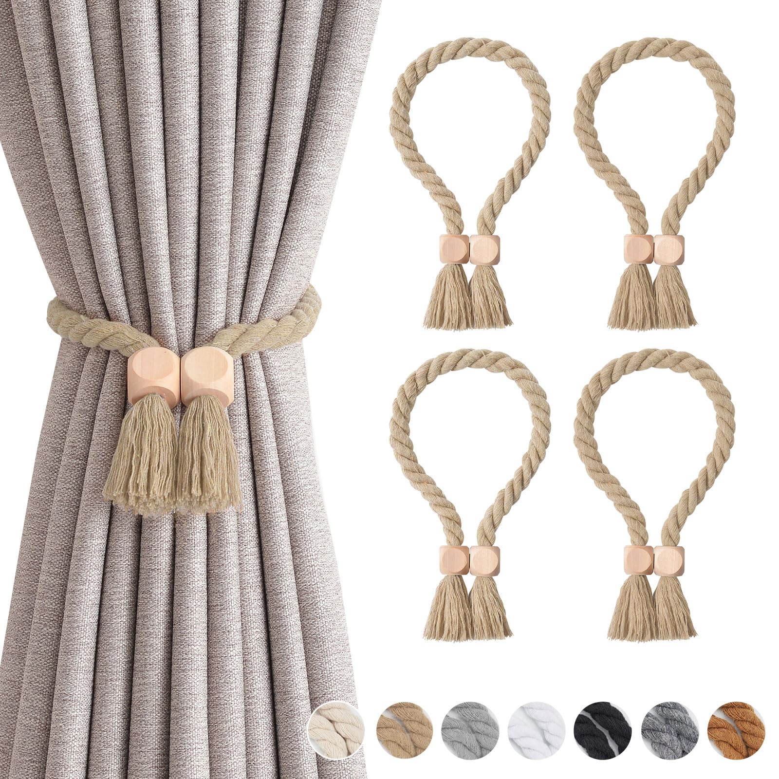 Pretty Jolly 4 Pack Wooden Cube Magnetic Curtain Tiebacks Boho Home Decor Drape Tie Backs Natural Cotton Hand Woven Rope Curtain Holdbacks for Thin & Thick Home & Office Window Draperies (Dark Beige)