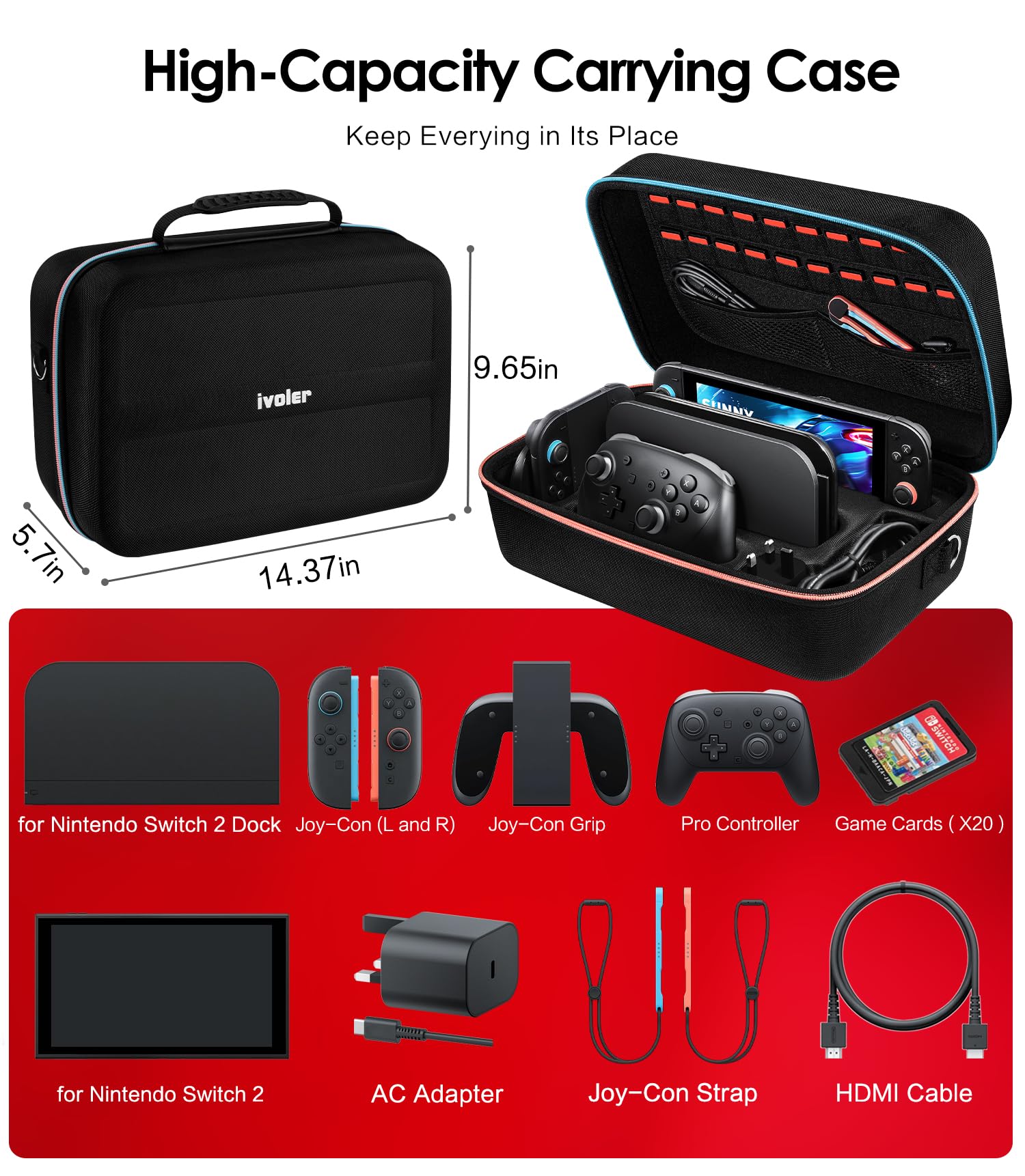ivoler Carrying Storage All in One Case for Nintendo Switch 2 (2025),Portable Travel All Protective Hard Messenger Bag Soft Lining 20 Games for Switch 2 Console Pro Controller Accessories Black