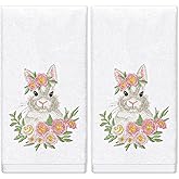 FYSUIMU 2Pcs Easter Hand Towels Floral Bunny Cotton Embroidered Bathroom Towels Spring Flower Rabbit Absorbent Bath Towels for Drying Cleaning Cooking, 29.5 x 13.7 Inch
