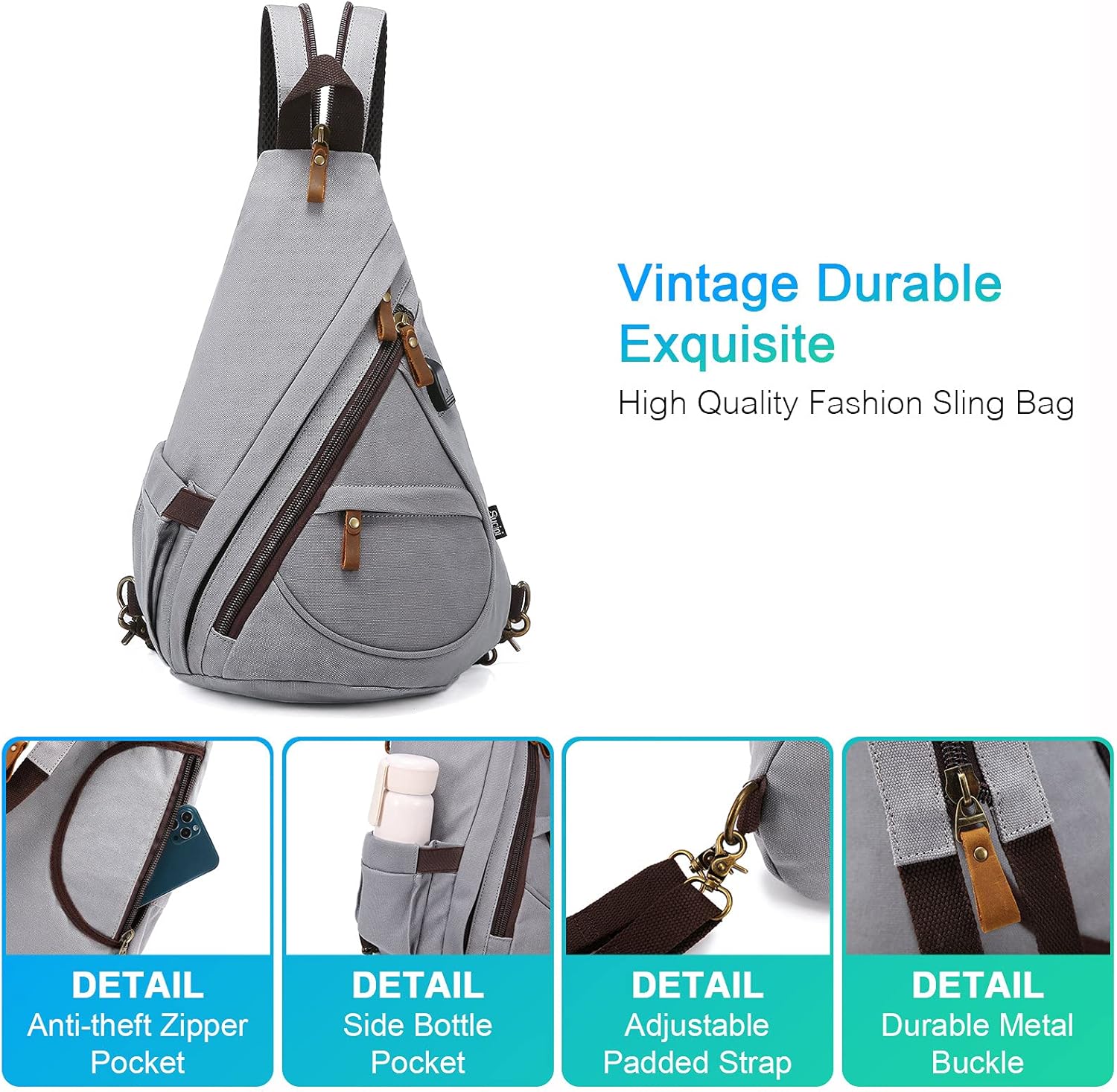 Canvas Sling Bag Backpack Crossbody Bag Backpack Chest Shoulder Bag for Men with USB Charging Port Grey