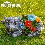 Goodeco Solar Highland Cow Garden Statue with Succulents Grey Resin view 6