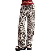 MakeMeChic Women's Cheetah Print Pants Fall Elastic Waist Wide Leg Retro Knitted Trousers