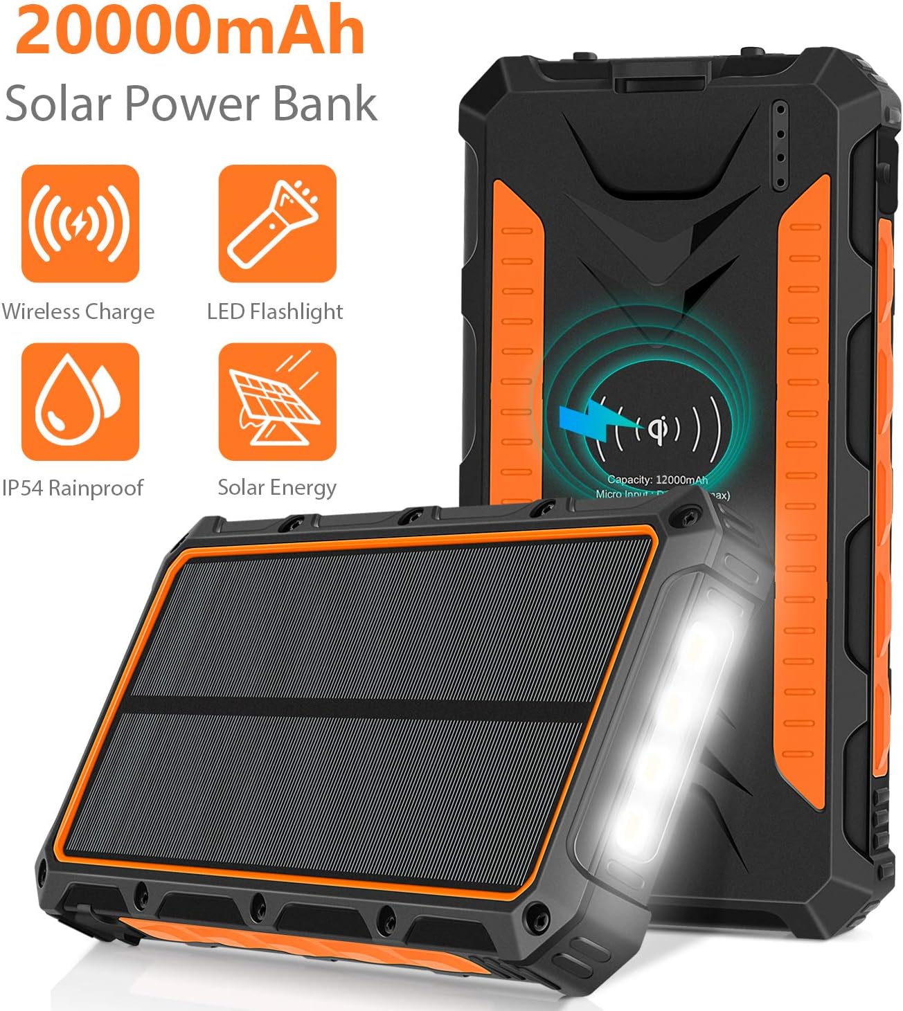 Solar Charger 20000mAh, Wireless Portable Solar Power Bank External Backup Battery, 3 Output Ports, 4 LED Flashlight, Carabiner, IP54 Rainproof for Camping, Outdoor Activities