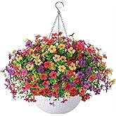 HyeFlora Artificial Faux Hanging Plants Flowers Basket for Outdoor Outside Spring Summer Decoration, Fake Silk UV Sun Resistant Realistic Colorful Daisy for Porch Patio Balcony Home