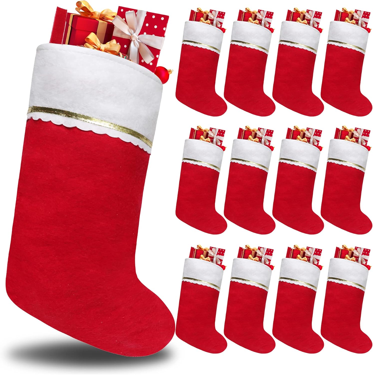 Stockings & Holders - Tokforty 12 Pack Felt Christmas Stockings, 19 Inches Red and White Christmas Stockings Hanging Ornaments, White Cuff with Gold Trim Christmas Stockings for Family Christmas Holiday Decorations