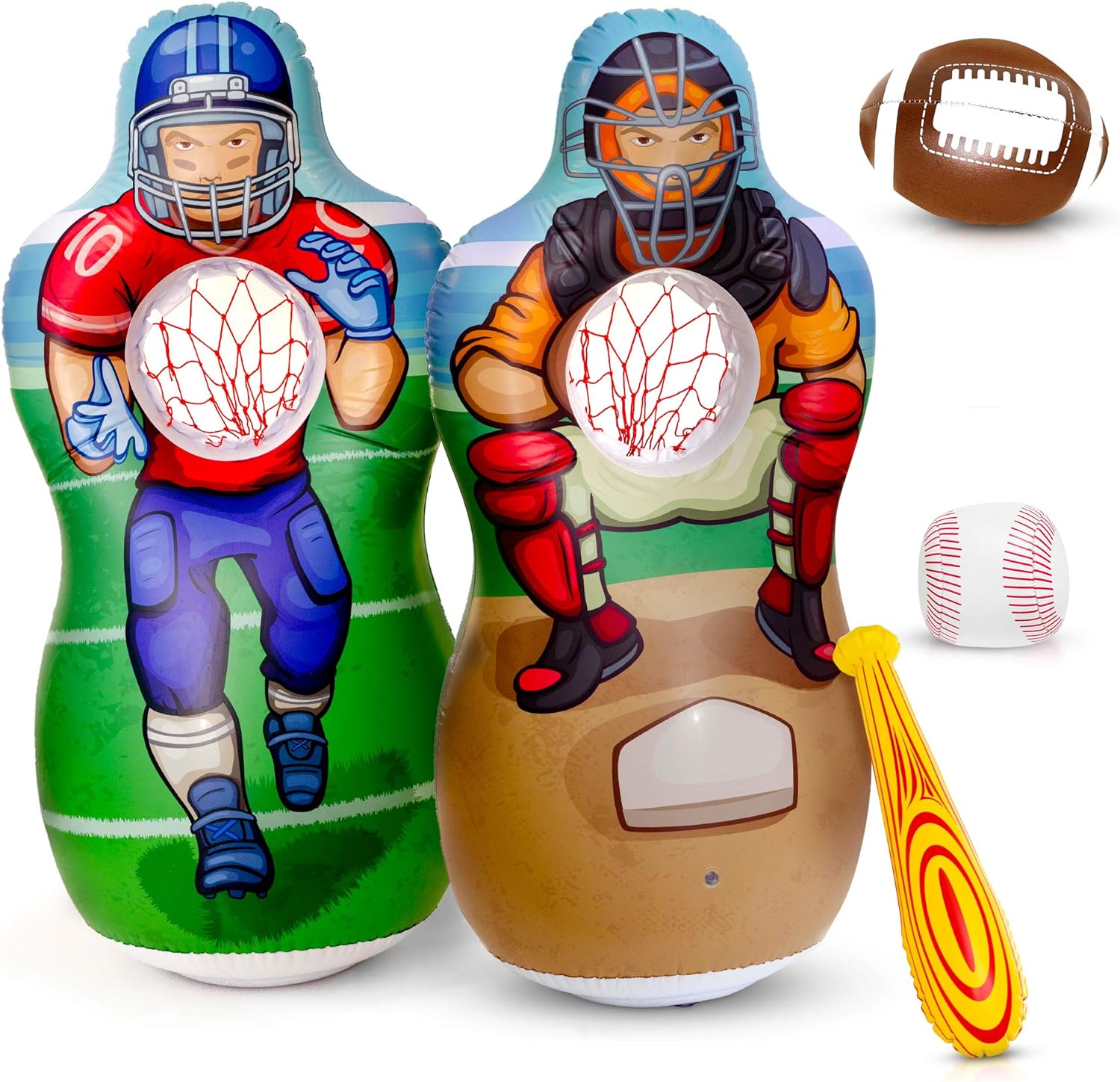 Super Pumped! Inflatable Double-Sided Baseball & Football Target Set | Blow Up Toy with Soft Football, Baseball & Inflatable Bat | Fun Toss Games for Indoor, Outdoor, Backyard & Party Favor | 5 Feet: Toys & Games