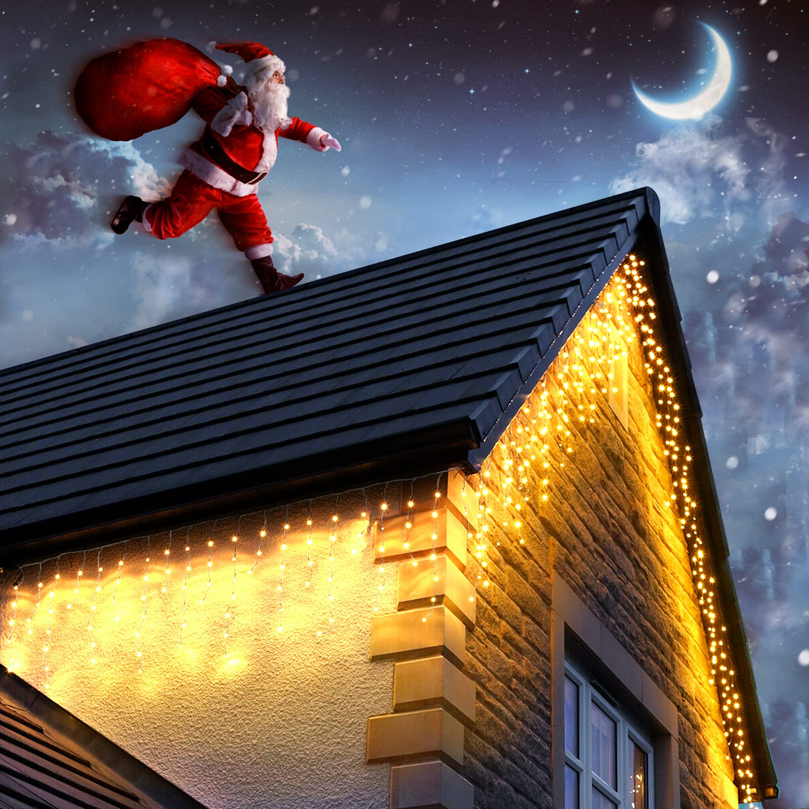 Dalugo 7.5M+10M 240 LED Warm White Icicle Outdoor Christmas Lights with Memory Function, 6 Hours Timer, Waterproof Mains Powered for Roof, Balcony (Clear Cable)