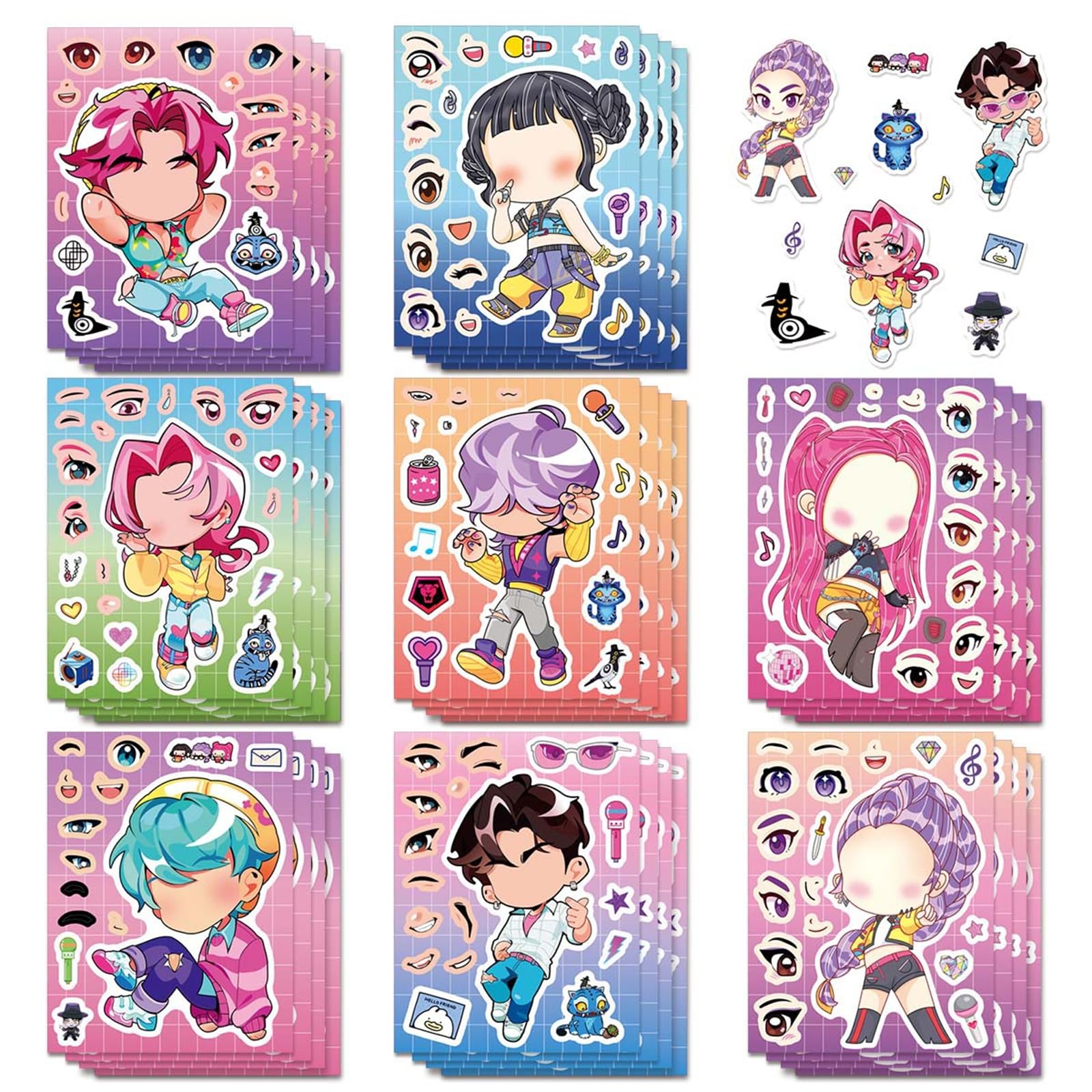 Demon Movie Hunters Stickers 24 Sheets Sticker Cute Cartoon Charaters Make Your Own Sticker,Kawaii Make a Face Stickers Party Favors Activities Holiday Gifts