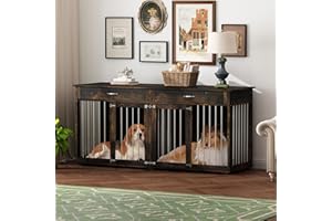 DAWNSPACES Dog Crate Furniture for Large Medium Dogs, 72" Heavy Duty Indoor Wooden Double Rooms Dog Kennel Table with Drawers & Divider, Funiture Style Dog Cage House TV Stand, Rustic Brown