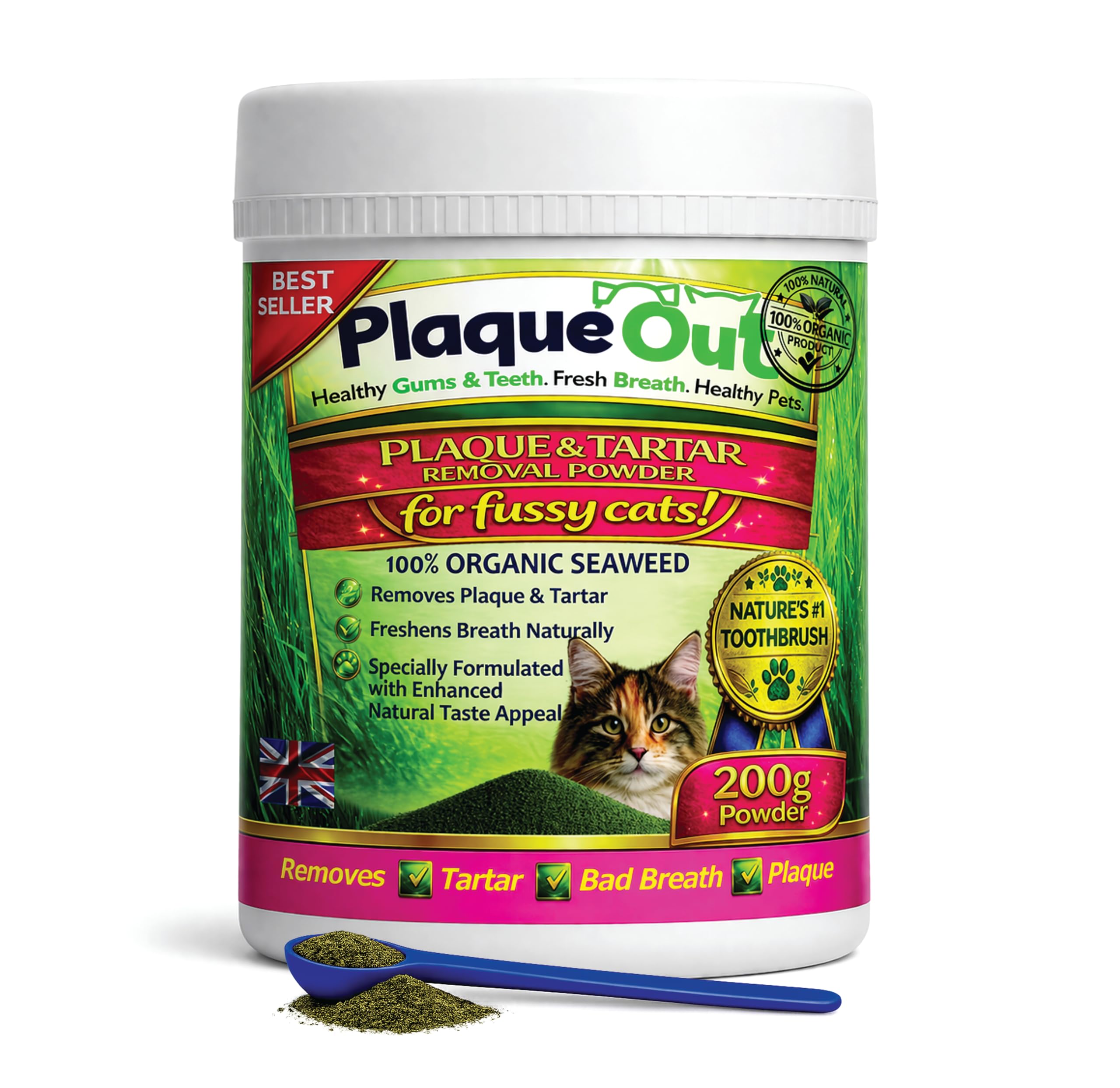 PLAQUE OUT for Fussy Cats 200g Pot - Plaque Off Remover - 100% Natural and Organic Seaweed Powder for Cats - Cat Teeth Cleaning, Cat Plaque Removal, Cat Dental Care, Bad Breath & Gum Care