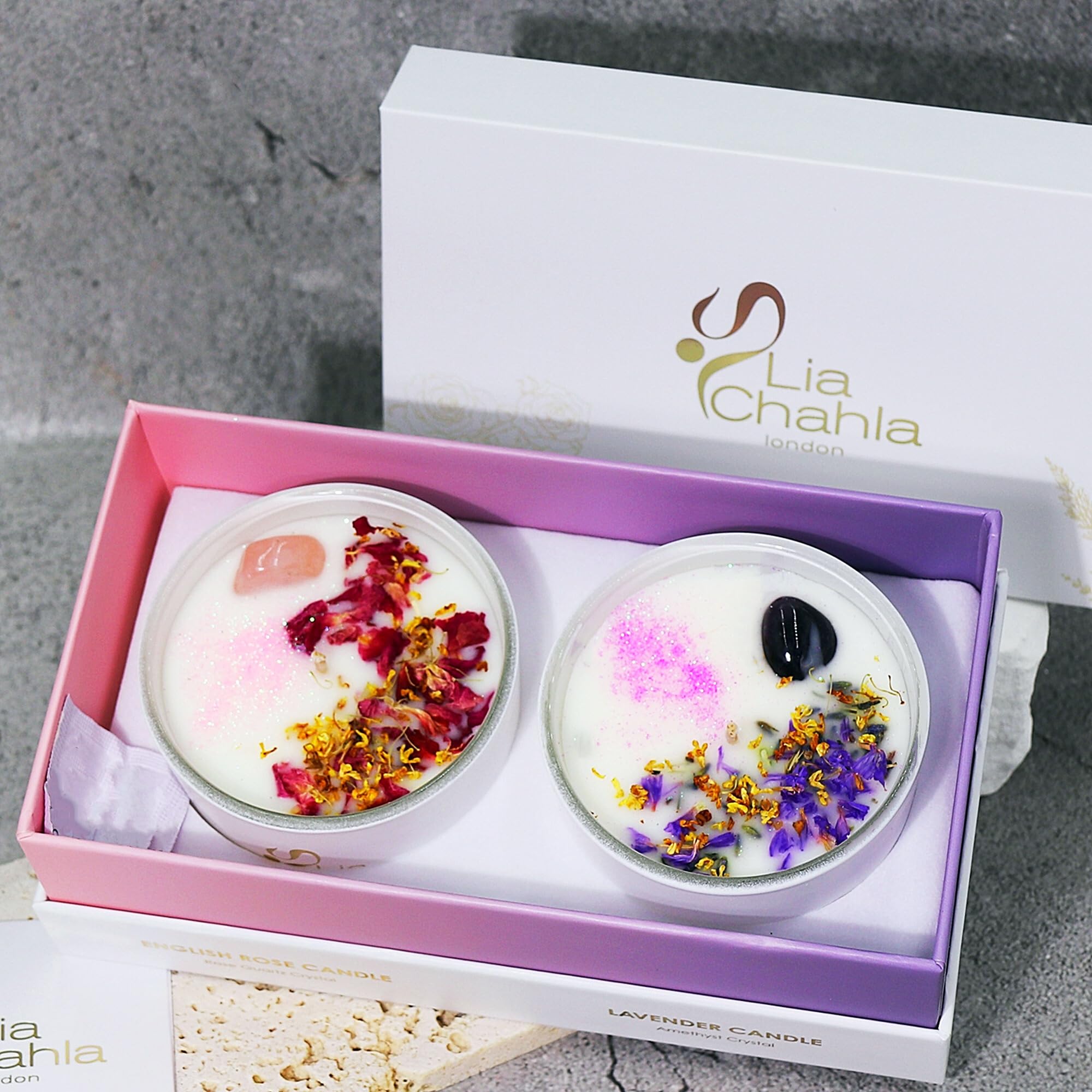 Lia Chahla London Soy Candle Gift Set of 2 – Lavender & English Rose with Amethyst & Rose Quartz Crystals – Aromatherapy Scented Candles – Relaxing Luxury Gift for Her
