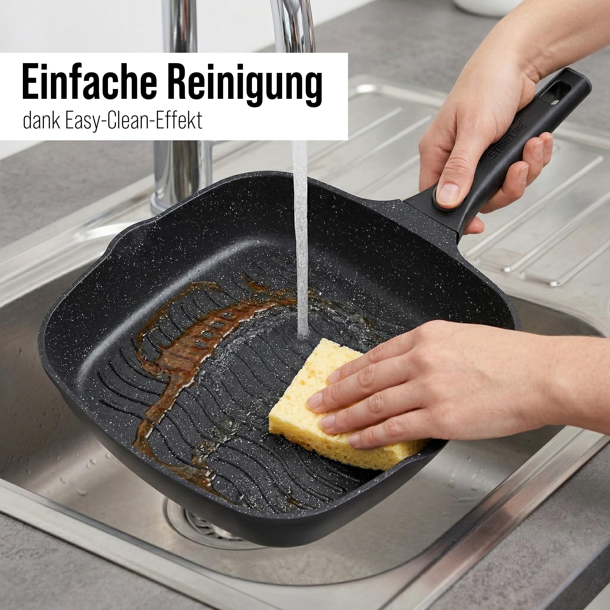 STONELINE SMART Grillpfanne 28 cm ☆ REDESIGN 25/26 ☆ Große Steak Pfanne Aluguss, Abnehmbarem Griff, Pfanne Induktion, Alle Herdarten, Antihaftbeschichtet mit echten Steinpartikeln, Grau 6