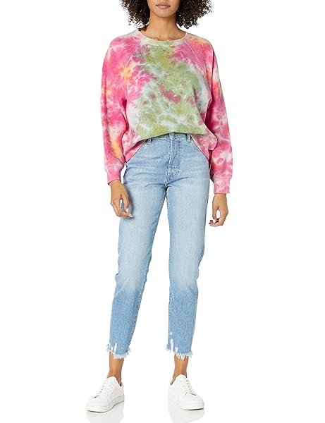 THE DROP WOMEN’S CAROLINE RAGLAN LONG SLEEVE FLEECE SWEATSHIRT SWEATER, -NEON TIE DYE, XXS