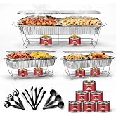 Disposable Chafing Dish Buffet Set, 33 Piece of Chafing Servers with Food Warmers, Covers, Full-Size Food Pans, Water Trays, Serving Utensils, Foil Lids and 4Hr Fuel Cans for Parties, Catering