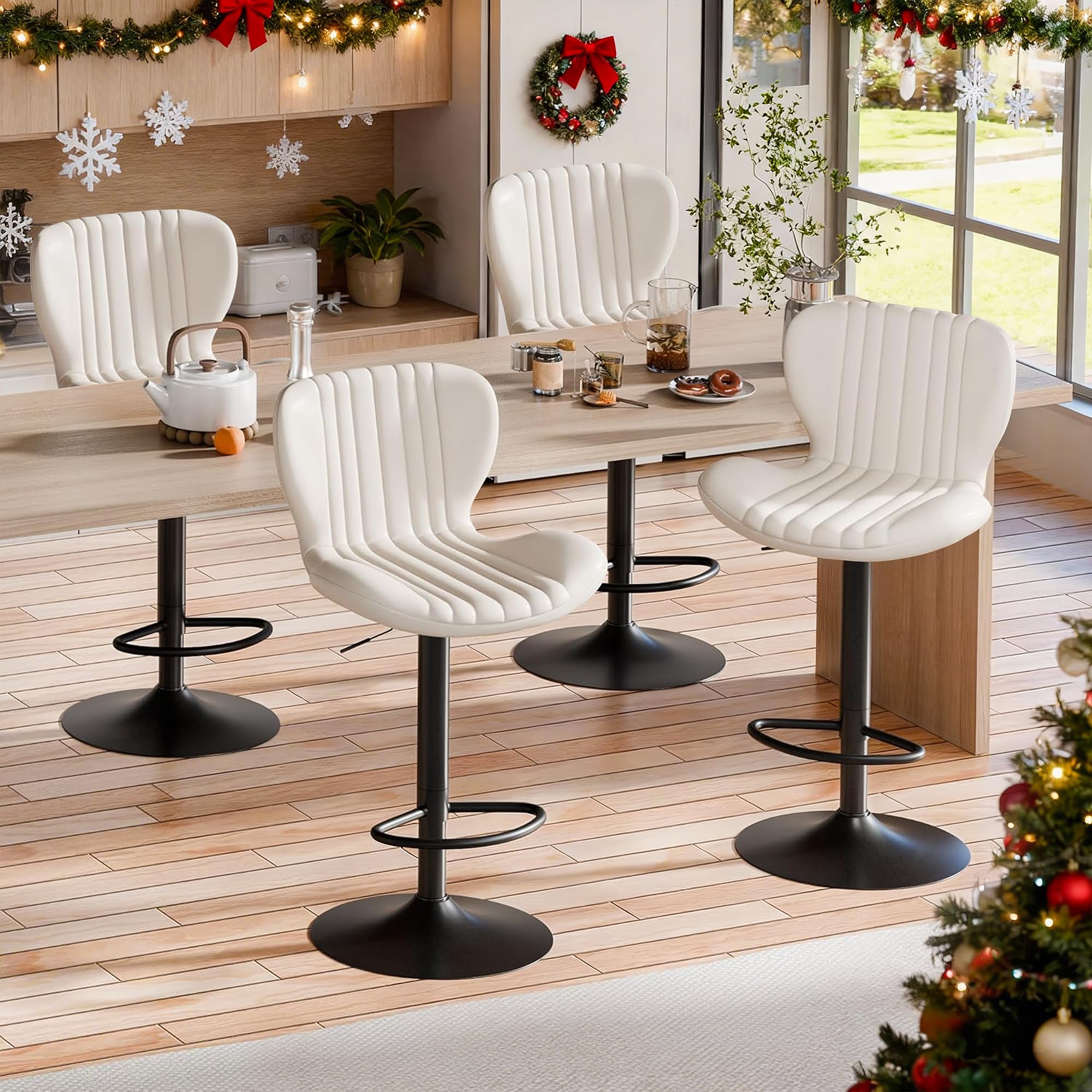 Photo 1 of **only 2 chairs**Shintenchi Bar Stools Set of 4 Modern Swivel Bar Chairs, Counter Height Faux Leather Metal Barstools, Upholstered Island Chairs with Back and Footrest, Beige