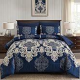 Mybedsoul 7 Pieces Blue Gold Comforter Set King Size, Damask Bed in a Bag for King Bed, Lightweight Microfiber Boho Bedding Sets with Comforter, Sheet, Pillowcases & Shams for All Season(90"x104")