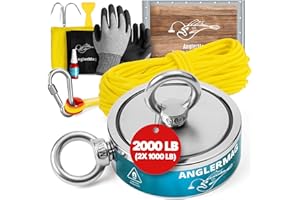 EMPIRE OF ELECTRONICS AnglerMag Magnet Fishing Kit, 2000 lbs Double Sided Magnetic Fishing Kit with Rope, Carabiner, Gloves, Grappling Hook & Carrying Bag, 10 Piece Complete Set