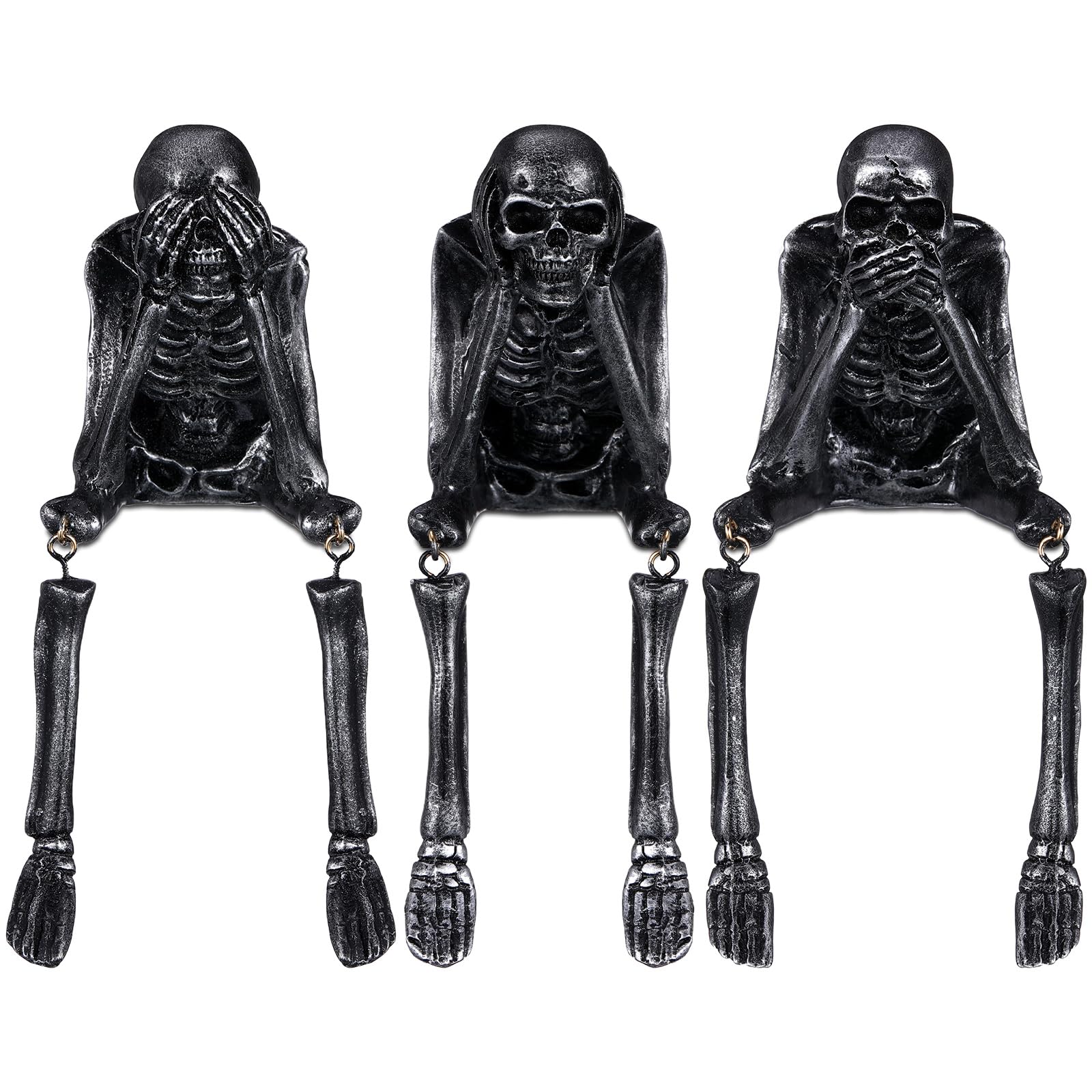 Photo 1 of Thyle Set of 3 Halloween Statues See Speak Hear No Evil Skeleton Figurines Realistic Skull Decorations for Home Haunted House Halloween Party Decor Favors Shelf Accessories (Old Black)