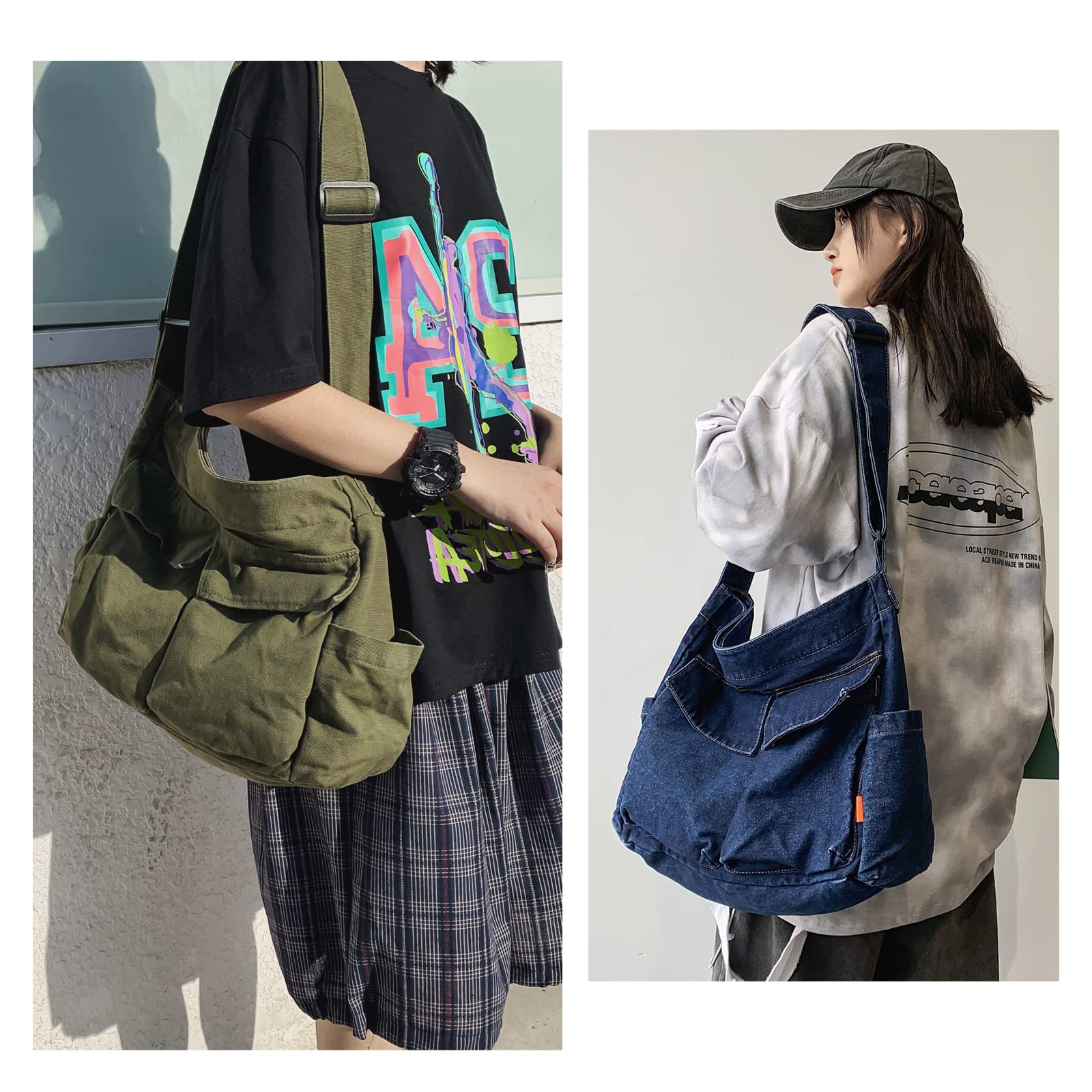 KlaOYer Canvas Messenger Bag Large Hobo Bag Crossbody Shoulder Bag Tote Bag with Pocket for Women and Men