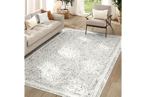 jinchan Washable Area Rug 5x7 - Low Pile Bedroom Rug Indoor Grey Floral Print Faux Wool Soft Rug Stain Resistant Boho Carpet Distressed Vintage Ultra-Thin Non-Slip Rug Living Room Dining Room Kitchen