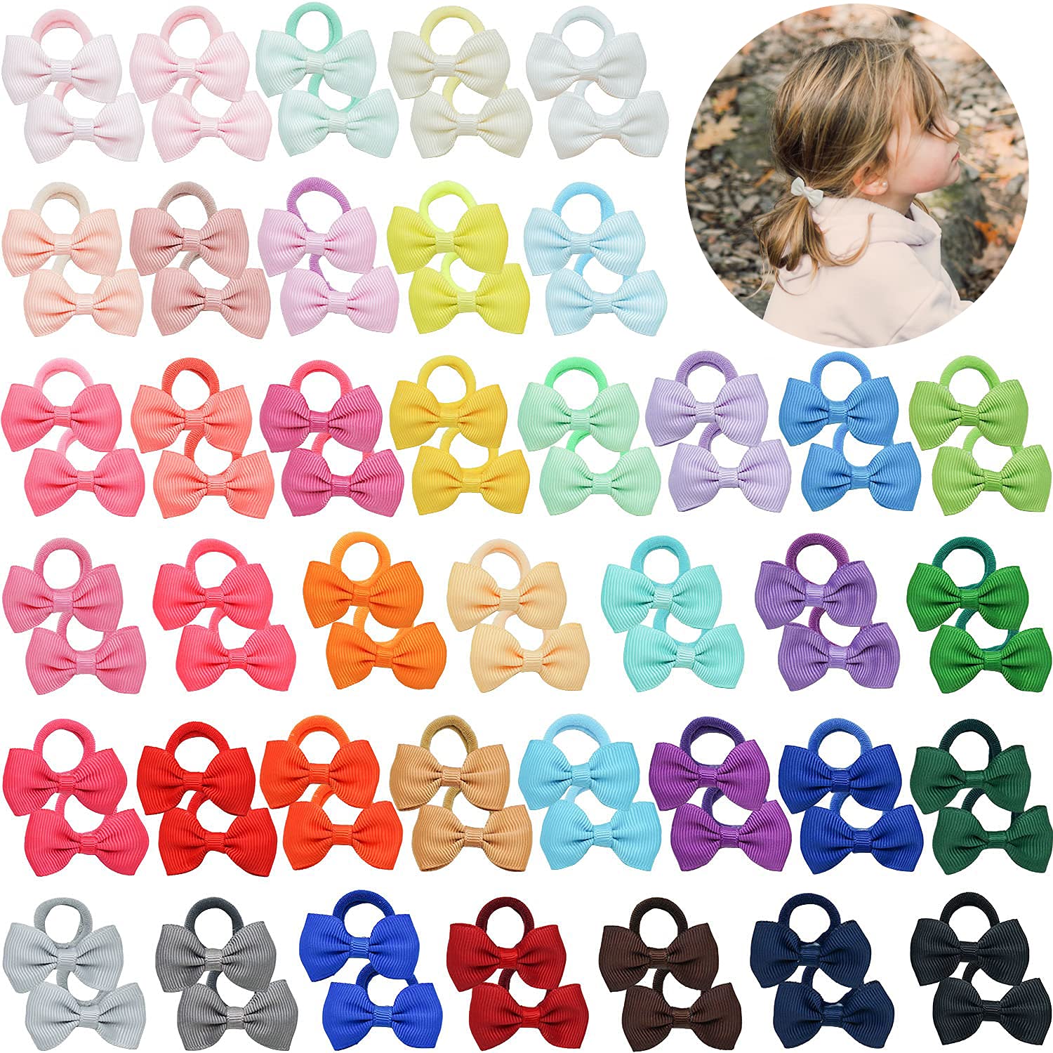 JOYOYO 80 Pcs Baby Hair Bands Baby Bow Bobbles Mini 2 Inch Ribbon Bows Small Hair Bands for Baby Girls, No Metal Seamless Soft Stretchy Hair Ties for Babies, Toddlers, Little Girls, Multicolor