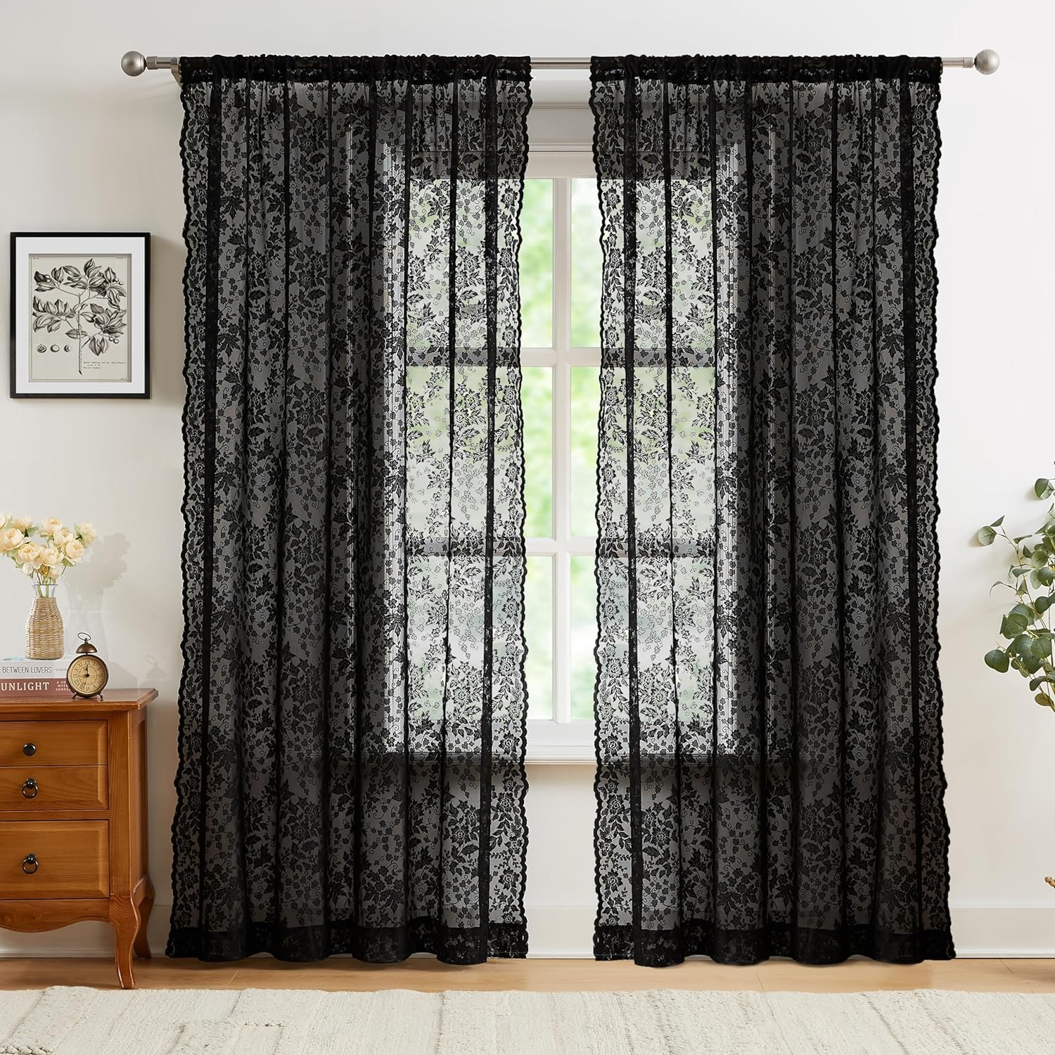 Abstractex Black Lace Net Sheer Curtains 72 Inches Long Floral Leaf Knitted Vine Vintage Light Filtering Embroidery Window Treatment for Girls Bedroom Living Room, Rod Pocket 58" W 2 Panels