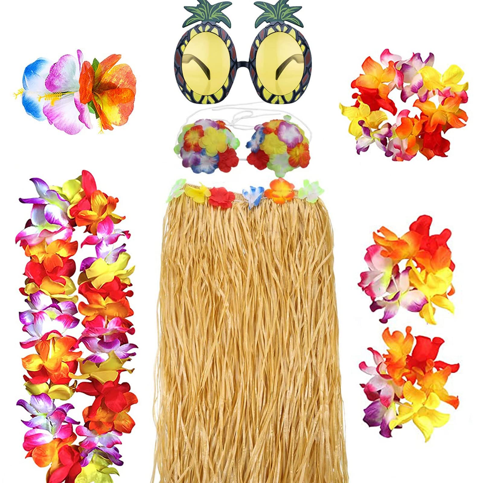 HBell 8PCS Hawaiian Hula Skirt Costume Set,Hawaii Grass Skirt,Hawaiian Lei,Flower Bikini,Pineapple Glasses for Adults Fancy Dress Supplies Summer Beach Tropical Party Decorations (Straw color) — image 1