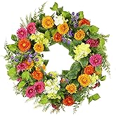 YNYLCHMX 18" Spring Summer Wreaths for Front Door, Artificial Floral Wreath with Daisy Flowers Green Tea Leaves, Green Foliage Wreath for Wall Window Farmhouse Party Holiday Home Decor