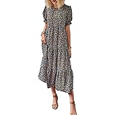 PRETTYGARDEN Summer Dresses for Women 2026 Casual Floral Boho Midi Sun Dress Puff Short Sleeve Flowy Beach Vacation Sundress