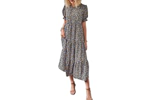 PRETTYGARDEN Summer Dresses for Women 2025 Casual Floral Boho Midi Sun Dress Puff Short Sleeve Flowy Beach Vacation Sundress