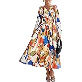 PRETTYGARDEN Women's Floral Midi Dress Casual Fall V Neck Long Sleeve Flowy Spring Beach Wedding Guest Vacation Dresses