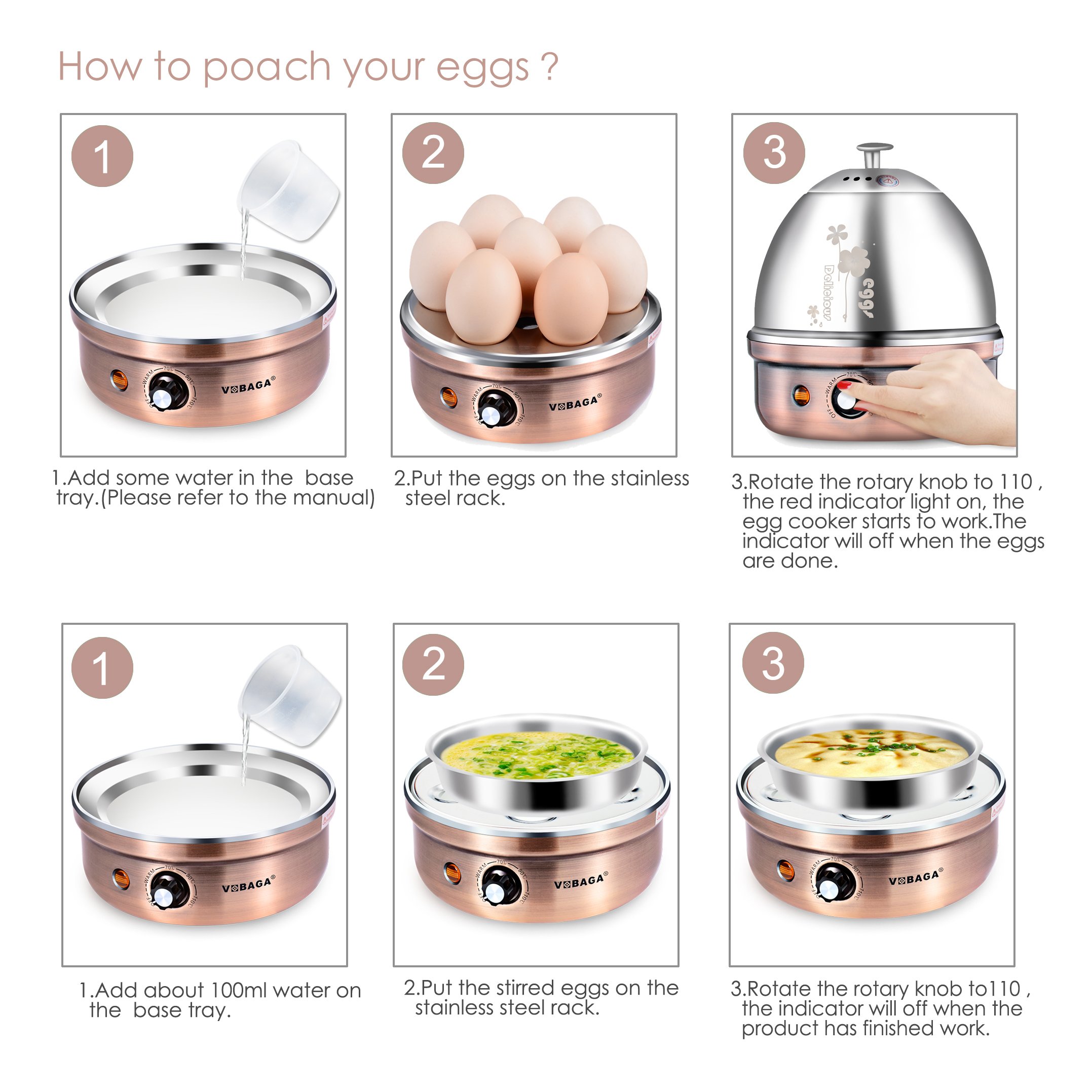VOBAGA Electric Egg Cooker Poacher Maker Up To 7 Eggs Durable