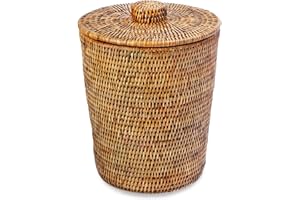 KOUBOO La Jolla Rattan Round Waste Basket With Lid & Plastic Insert, 2 Gallon Woven Wastebasket for Bathroom, Kitchen, Office, Living Room, & Home Decor, Honey Brown