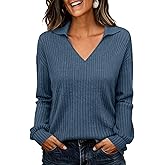 KIRUNDO Long Sleeve Shirts for Women 2025 Fall Fashion Outfits Going Out Tops Collar V Neck Blouses Ribbed Knit Loose Tunic