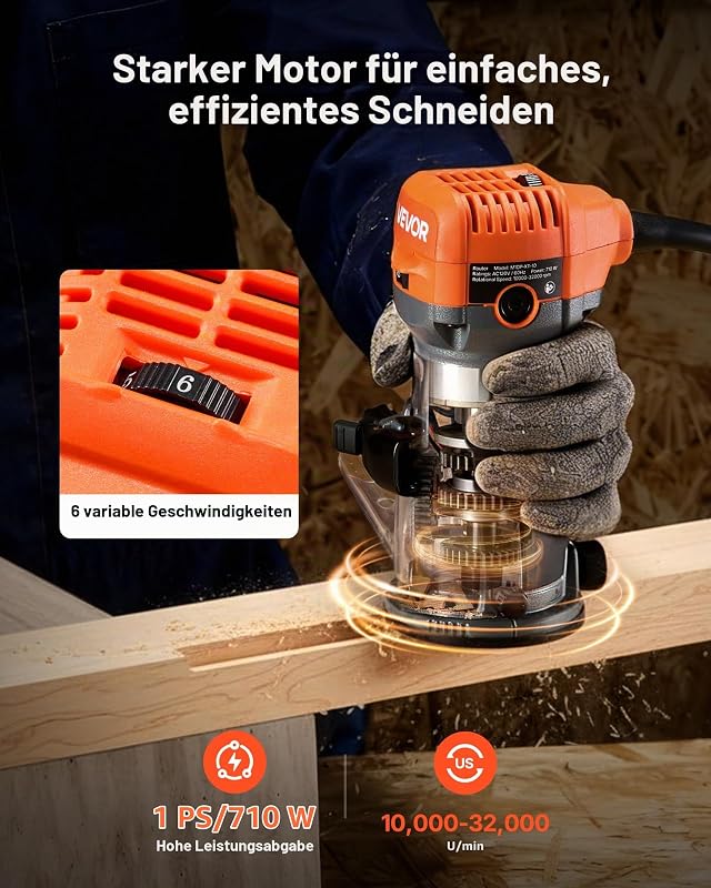 Oberfräse, 710 W, Drehzahlregulierung, Kantenfräse mit Fester Basis & Staubabsaugung, Parallelanschlag, Fräsmaschine für Holzbearbeitung, Trimmen, Heimwerkerprojekte, Kabelgebunden