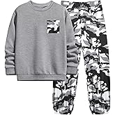 WIQI Boys Clothes 2 Piece Long Sleeve Pullover Sweatshirt and Camouflage Sweatpants Fall Winter Outfits Set 6-14Y