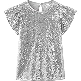 Noomelfish Girls Short Sleeve Sequin Shirts Party Glitter Sparkly Tops Blouse (5-12 Years)