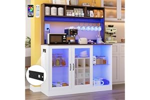 Vinctik 6&Fox Farmhouse LED Coffee Bar w/60000-color Lights,Power Outlet,7 Hooks,9Wink Racks,Adjustable Shelf for Tea Liquor Wine.Sliding Glass Door (Brown with 2 Lights, 16" D x 47" W x 58" H)