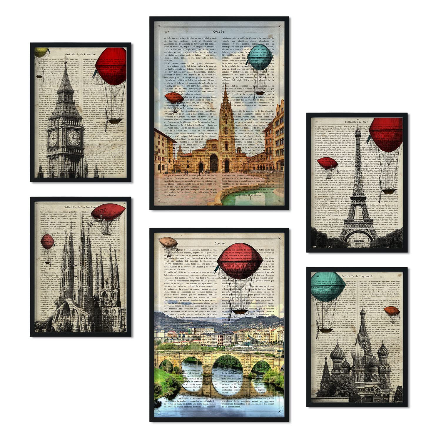 Nacnic Set of 6 posters of vintage cities. Collection of plates with aesthetic collage for interior decoration. Sizes A3 and A4. Frameless.