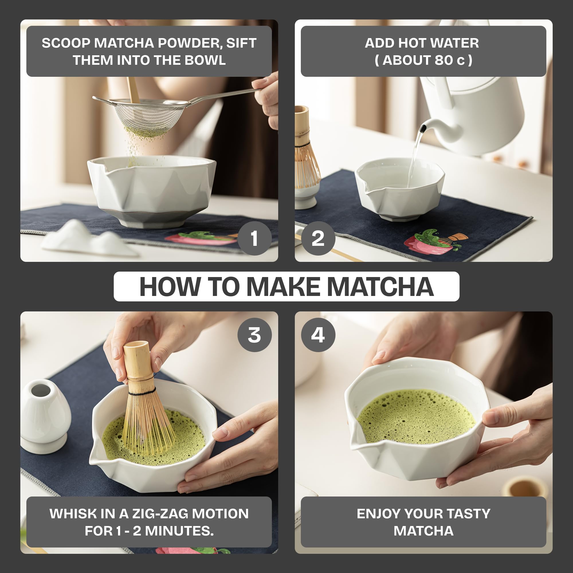 Matcha Whisk Set with Bowl – 8 Pcs Japanese Matcha Set, Ceramic Chawan with Spout, Bamboo Whisk (Chasen), Holder & Accessories | Matcha Making Kit for Tea Ceremony, Lattes & Gifts