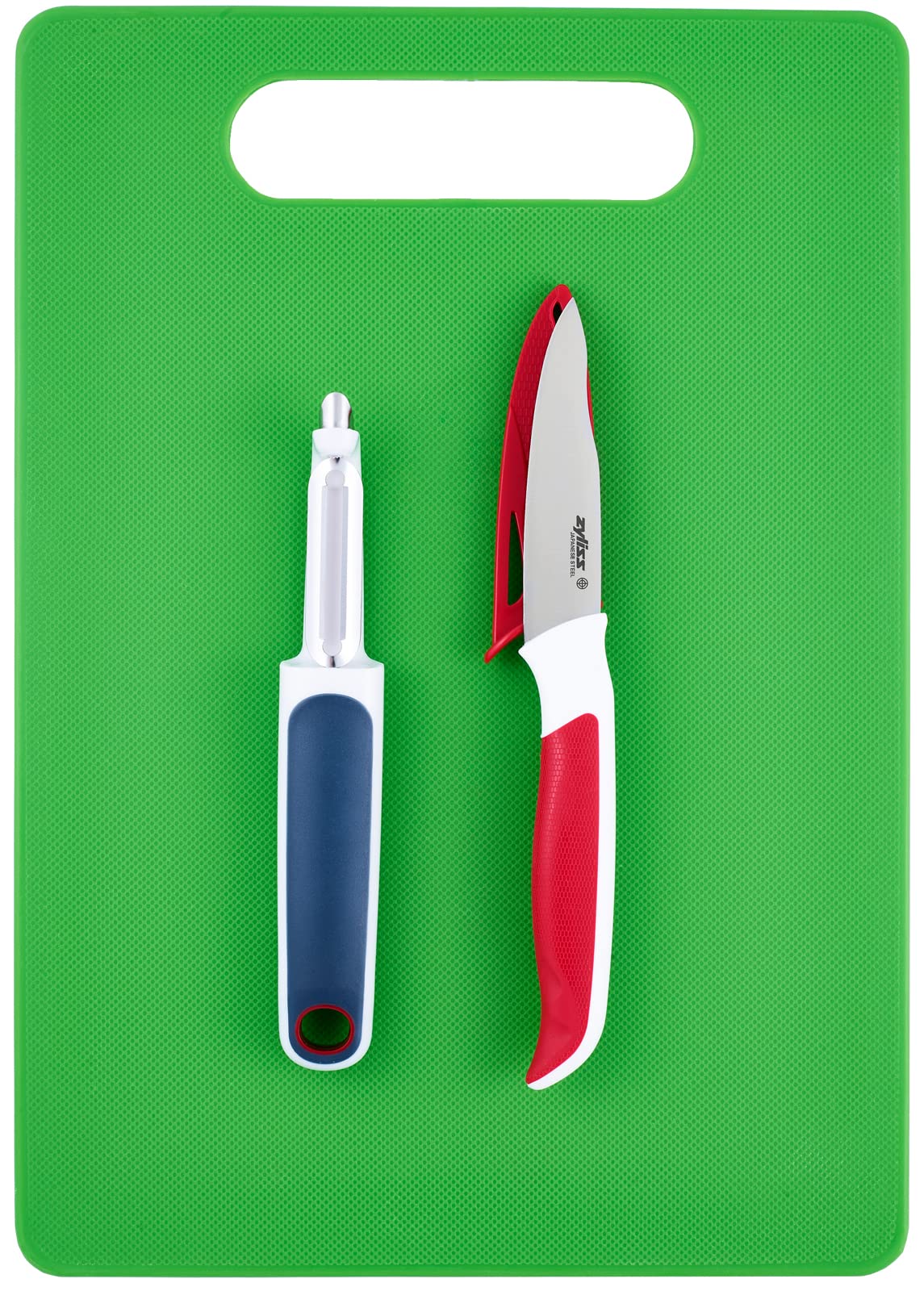 Zyliss E920253 3 Piece Kitchen Essential Set, Plastic/Stainless Steel, Multicolour, Swivel Peeler, Paring Knife and Chopping Board Set, Dishwasher Safe