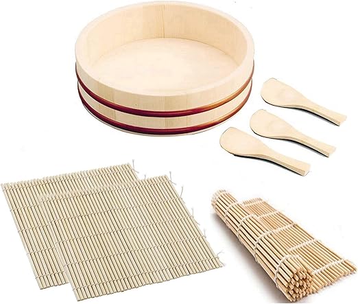 Amazon Com Japanbargain 1576 A Sushi Making Kit Wooden Hangiri Sushi Oke Mixing Bowl Bamboo Sushi Mat Roller Rice Paddle Set Sushi Plates Kitchen Dining