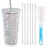 Mimorou Studded Bling Diamond Tumbler Glitter Water Bottle with Lid Stainless Steel Vacuum Thermal Straw Rhinestone Tumbler with 1 Pcs Cup Brush 6 Pcs Straw Brushes for Women(16.9 oz,AB Color)