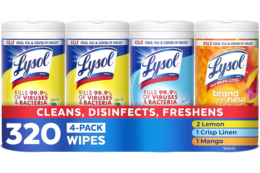 Lysol Disinfecting Wipes, Cleaner, Lemon + Mango + Linen, 80 ct. (4 Pack) | All Purpose Cleaner, Sanitizing, Deodorizing, Apa